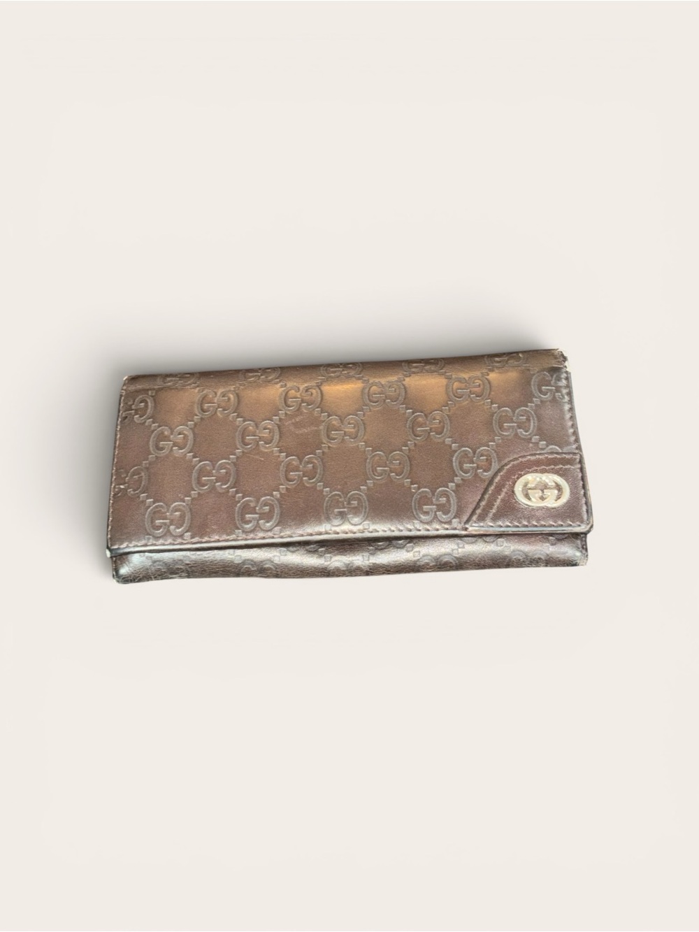 Gucci Brown Monogram Continental Wallet with Gold Accent